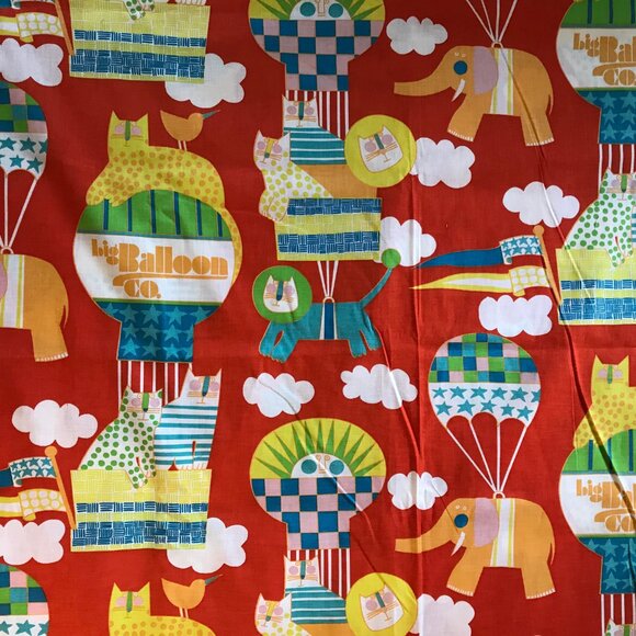 Red Hot air balloon elephants and cat fabric by Waverly Big Balloon Co - Picture 9 of 10